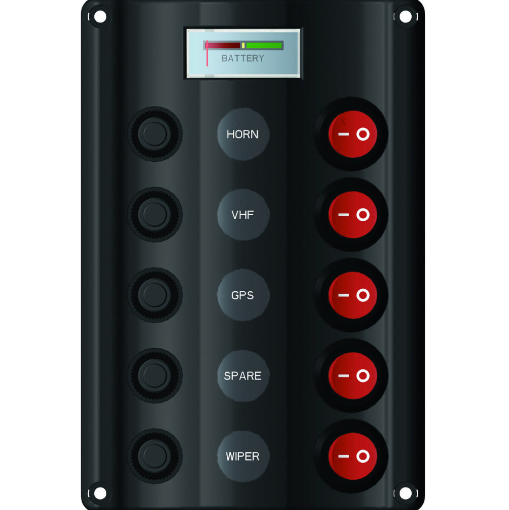 Switch Panel with Circuit Breaker 7 Battery Meter - 5 Switches