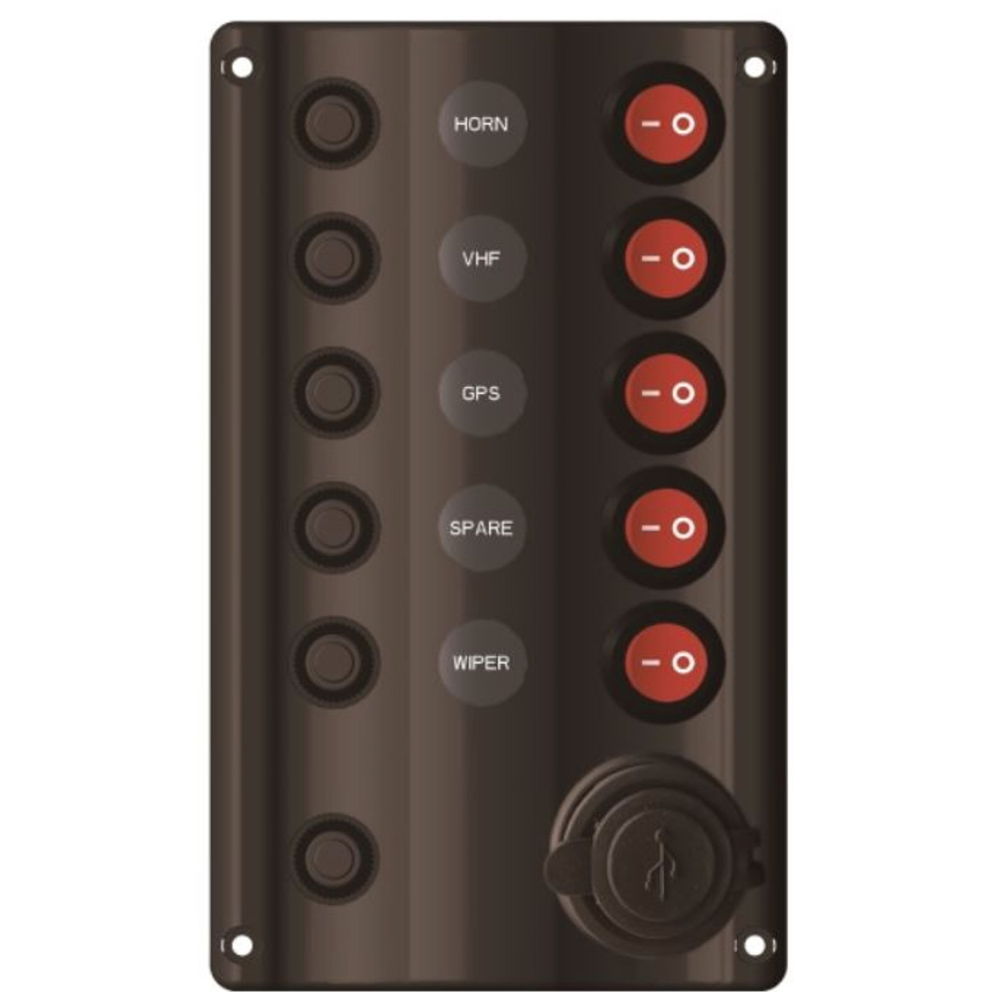 Switch Panel with Circuit Breaker & USB Socket - 5 Switches