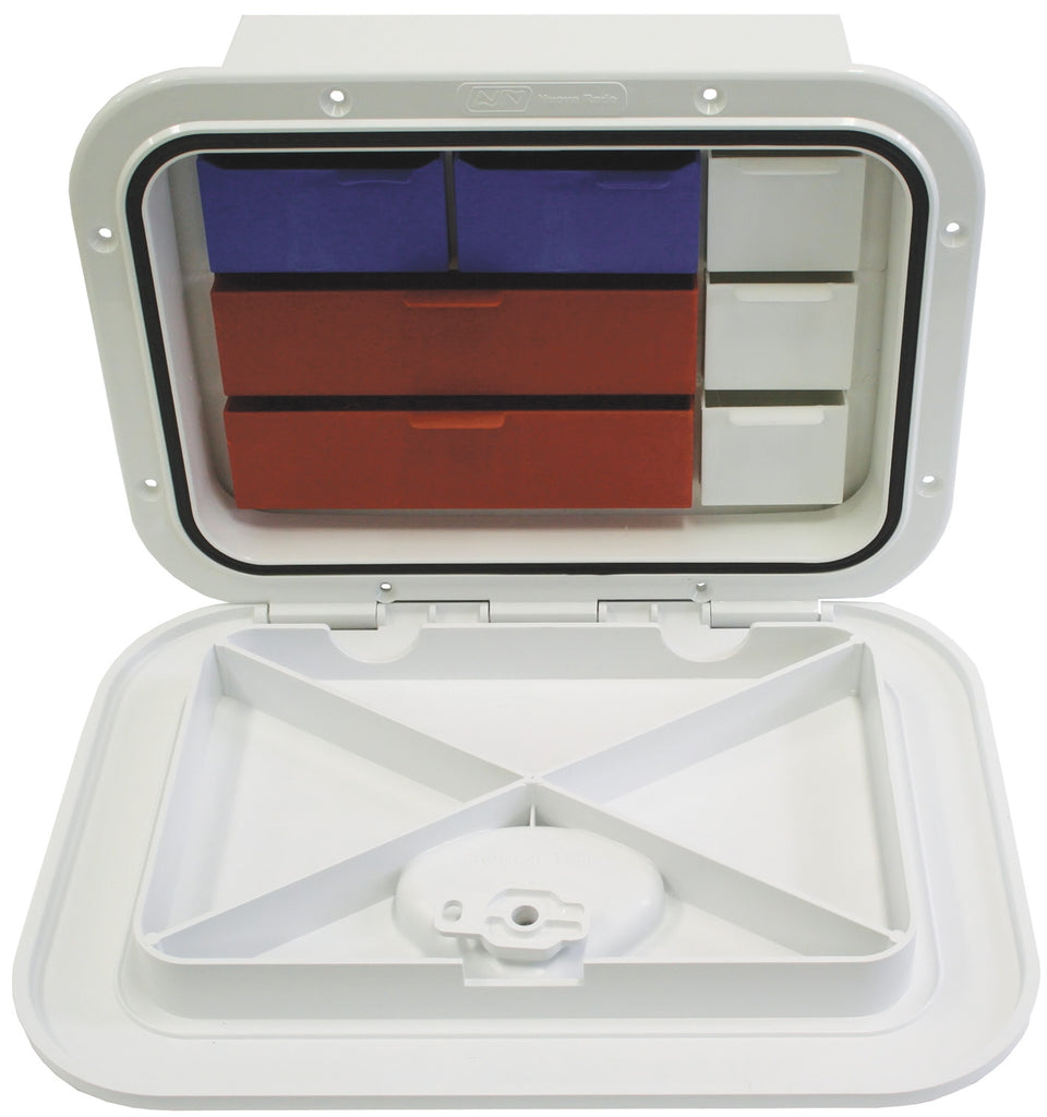 DELUXE MODEL OPENING STORAGE HATCHES - SIZE A, WHITE, WITH BOX AND TACKLE TRAYS - bosunsboat