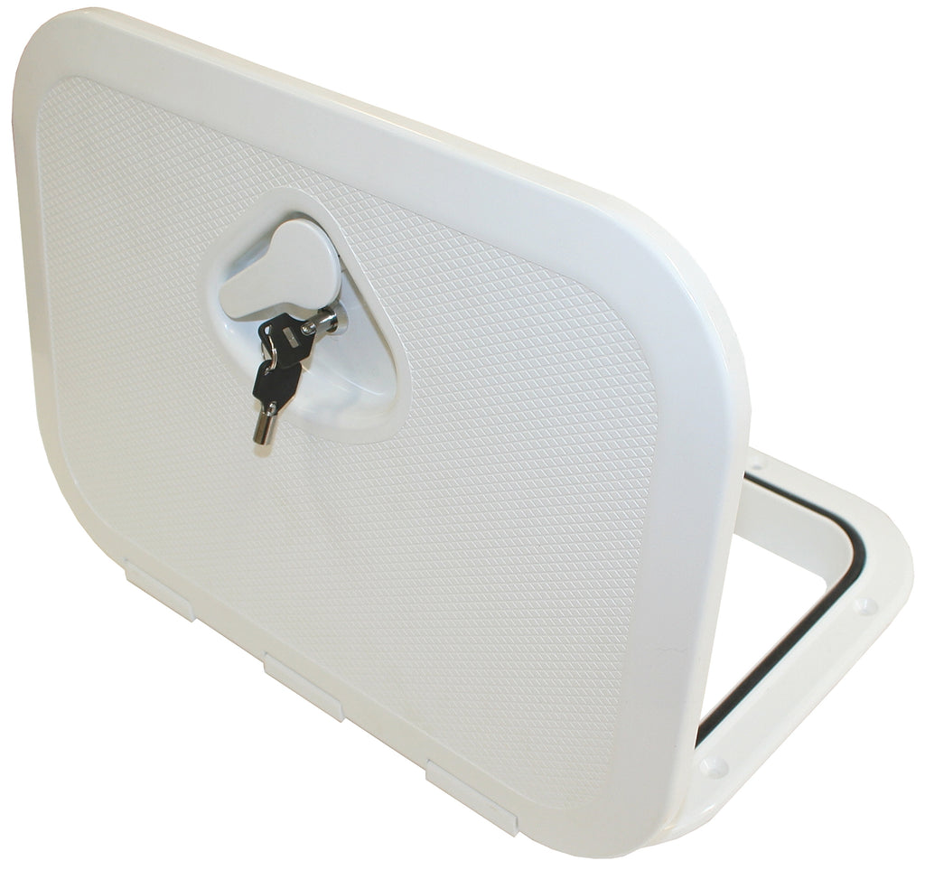 DELUXE MODEL OPENING STORAGE HATCHES - SIZE A, WHITE, FLUSH TYPE WITH KEY LOCK - bosunsboat