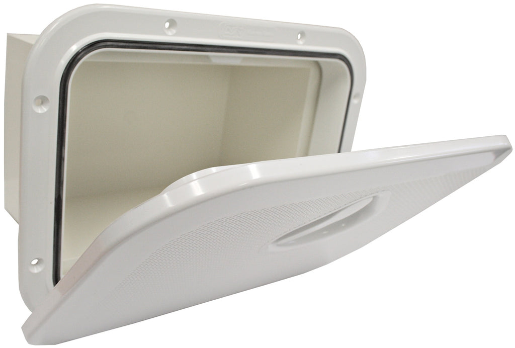 DELUXE MODEL OPENING STORAGE HATCHES - SIZE A, WHITE, WITH STORAGE BOX FITTED - bosunsboat