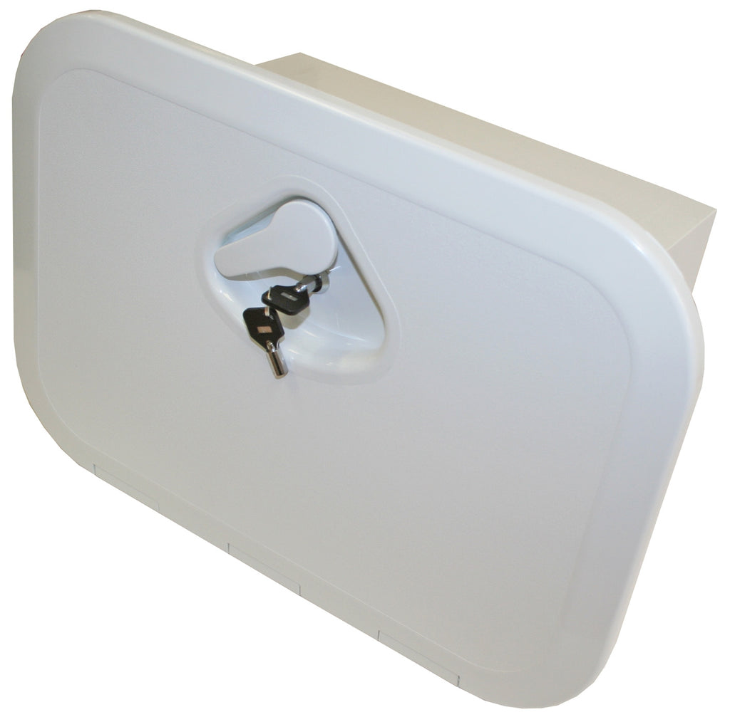 DELUXE MODEL OPENING STORAGE HATCHES - SIZE A, WHITE, WITH STORAGE BOX & KEY LOCK - bosunsboat